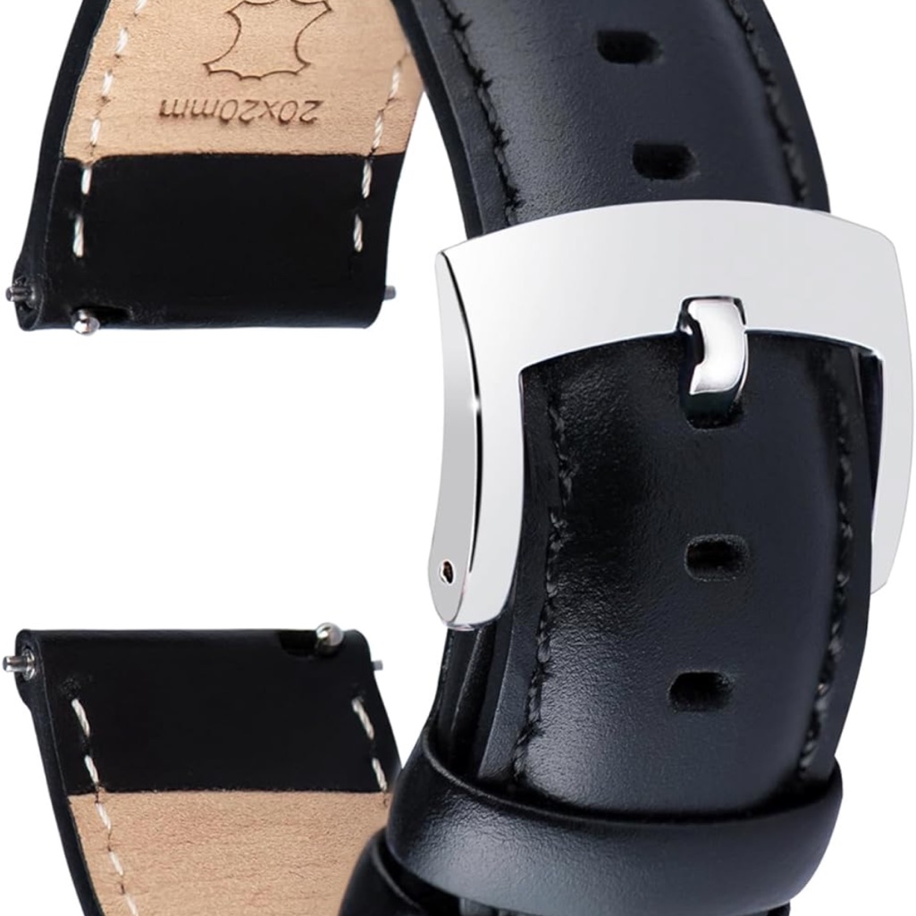 Classic Black Leather Watch Strap With Silver Buckle